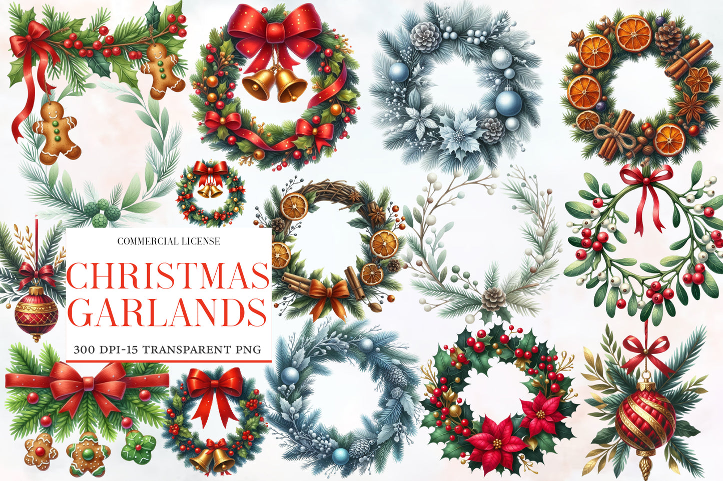Christmas Garlands Sublimation Clipart PNG Bundle | Watercolor Festive Holiday Garland Clipart | Christmas Greenery PNG