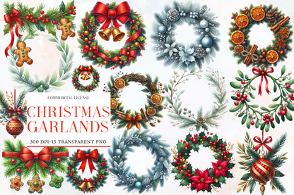 Christmas Garlands Sublimation Clipart PNG Bundle | Watercolor Festive Holiday Garland Clipart | Christmas Greenery PNG