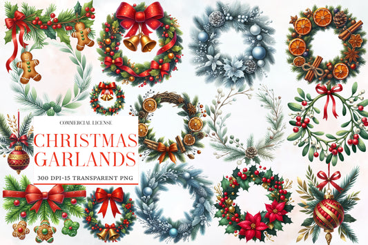 Christmas Garlands Sublimation Clipart PNG Bundle | Watercolor Festive Holiday Garland Clipart | Christmas Greenery PNG