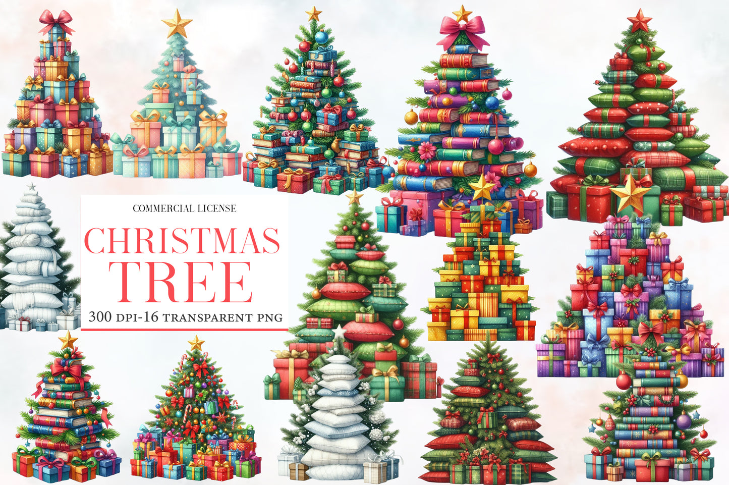 Christmas Tree Clip Art PNG Bundle | Watercolor Christmas Tree Clipart | Cute Festive Holiday Tree Sublimation PNG