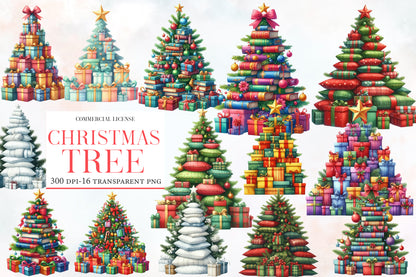 Christmas Tree Clip Art PNG Bundle | Watercolor Christmas Tree Clipart | Cute Festive Holiday Tree Sublimation PNG