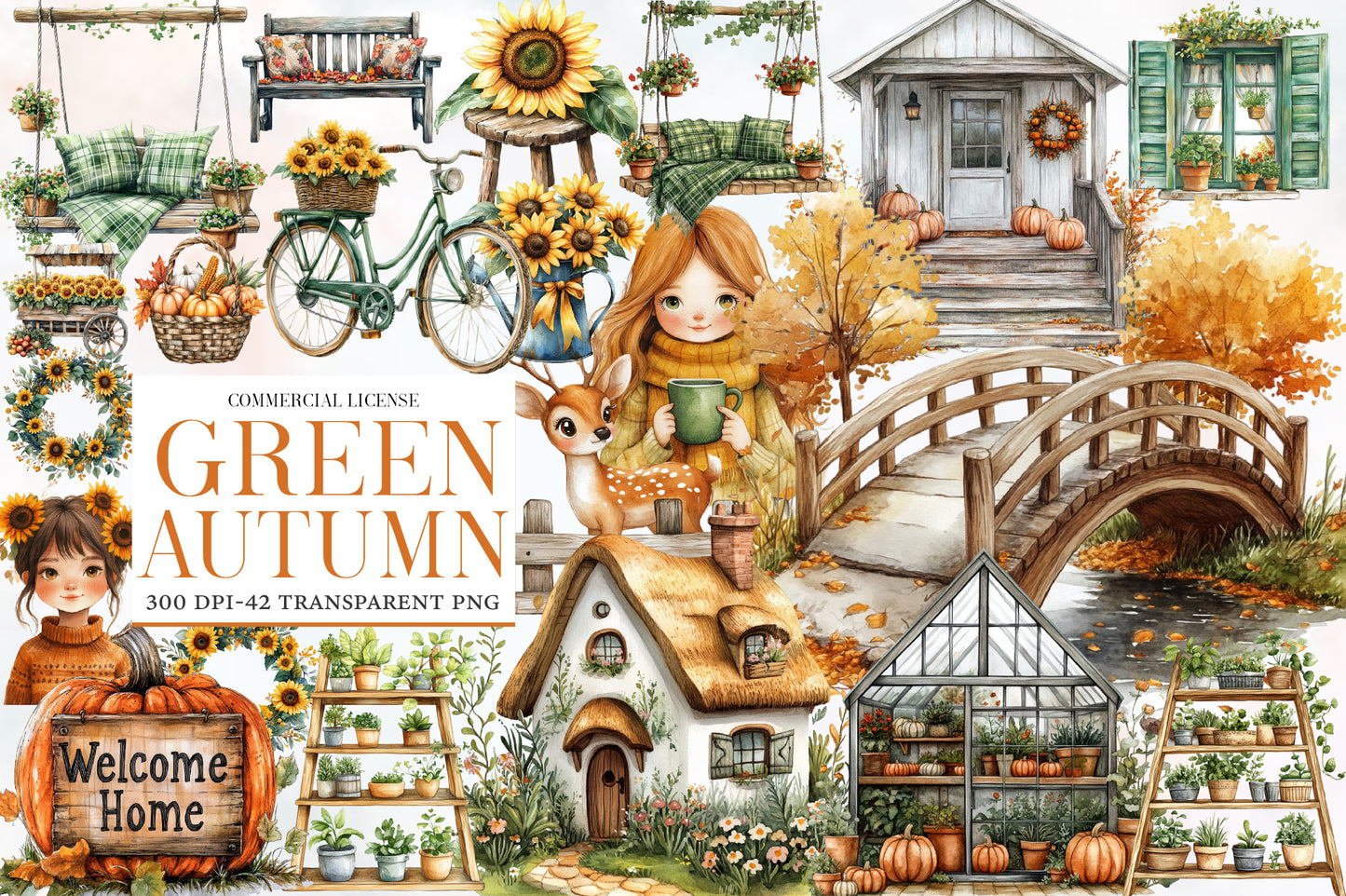Green Autumn Clipart PNG Bundle | Cozy Fall Cottage Clipart, Autumn Garden PNG