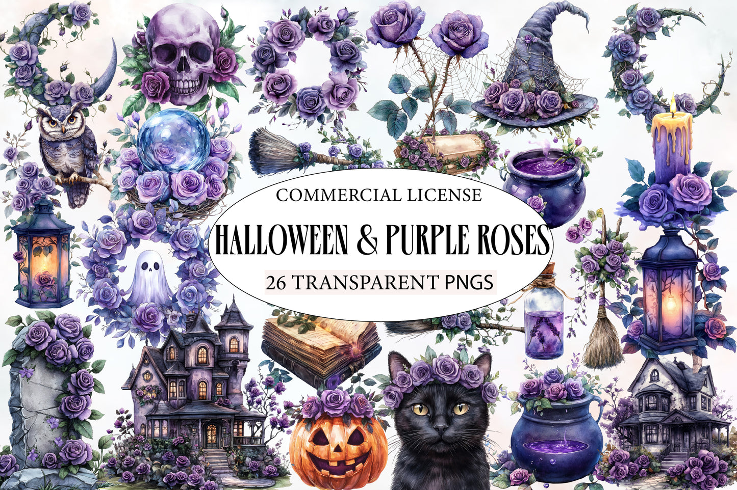 Halloween & Purple Roses Clipart PNG Bundle | Gothic Halloween Clipart, Purple Rose PNG