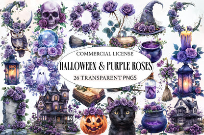 Halloween & Purple Roses Clipart PNG Bundle | Gothic Halloween Clipart, Purple Rose PNG