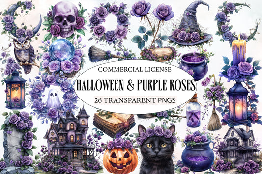 Halloween & Purple Roses Clipart PNG Bundle | Gothic Halloween Clipart, Purple Rose PNG