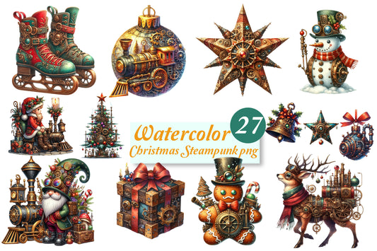 Christmas Steampunk PNG Bundle | Watercolor Steampunk Christmas, Vintage Holiday Steampunk & Fantasy Clipart