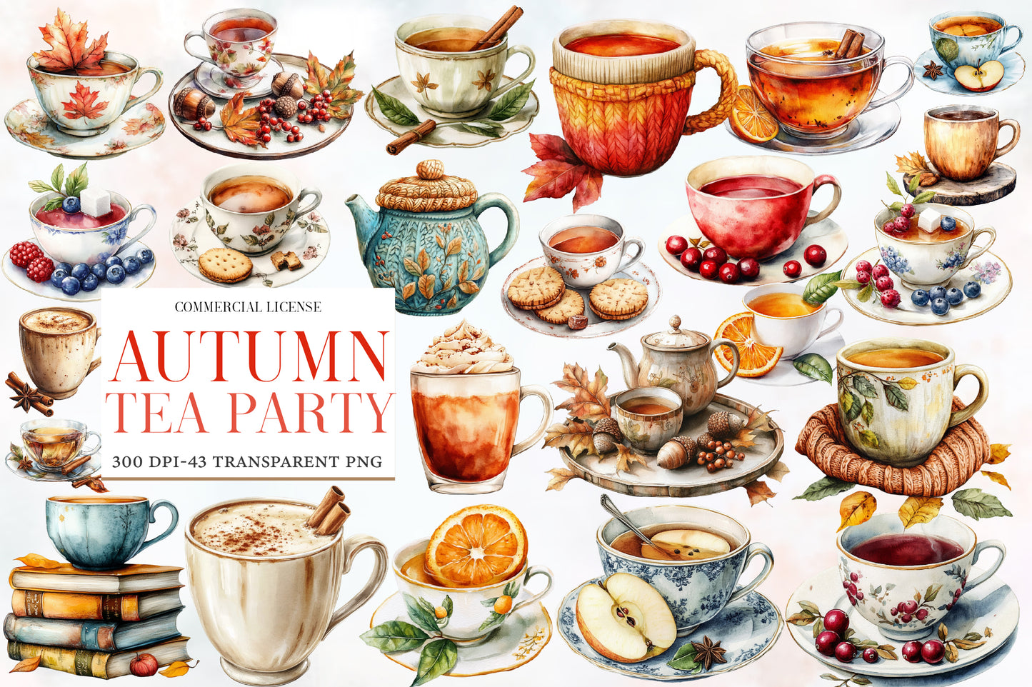 Autumn Tea Party Watercolor Clipart PNG Bundle | Fall Tea Cup Clipart | Cozy Autumn Tea PNG