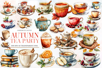 Autumn Tea Party Watercolor Clipart PNG Bundle | Fall Tea Cup Clipart | Cozy Autumn Tea PNG