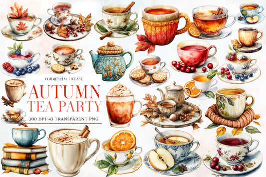 Autumn Tea Party Watercolor Clipart PNG Bundle | Fall Tea Cup Clipart | Cozy Autumn Tea PNG
