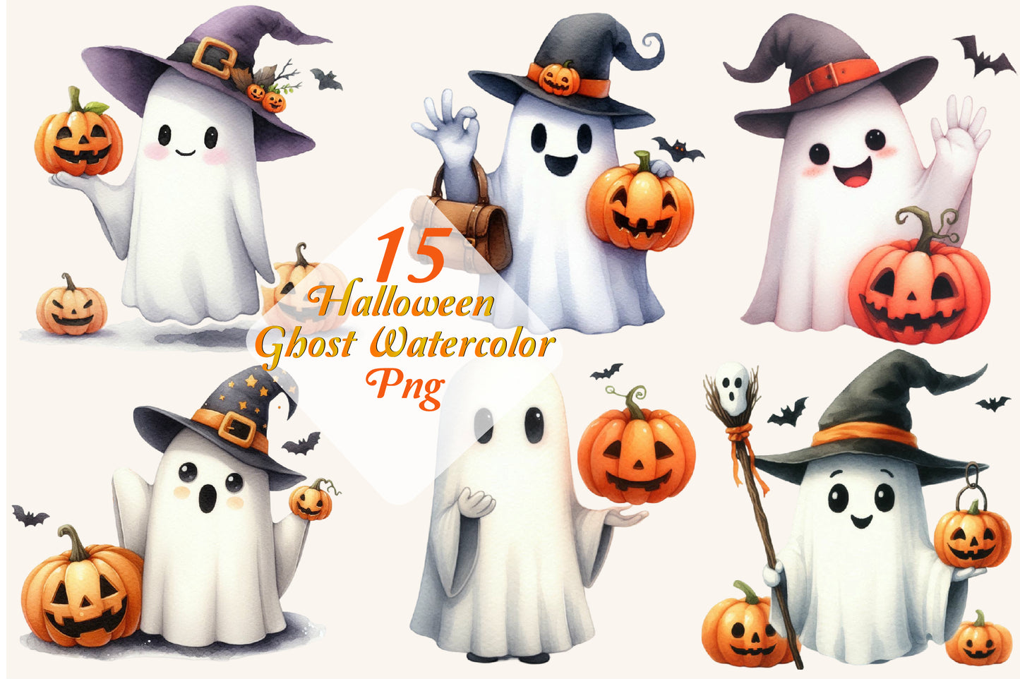 15 Halloween Ghost Watercolor PNG Bundle Cute Witch Pumpkin Spooky Clipart
