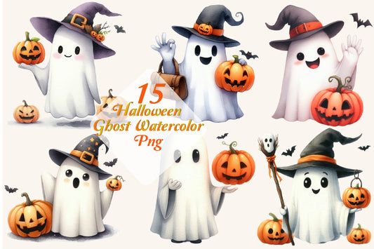 15 Halloween Ghost Watercolor PNG Bundle Cute Witch Pumpkin Spooky Clipart
