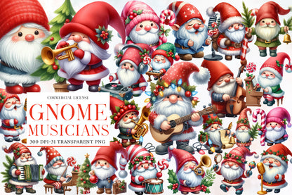 Christmas Gnome Musicians Sublimation PNG Bundle | Watercolor Musical Christmas Gnome Clipart | Holiday Music PNG