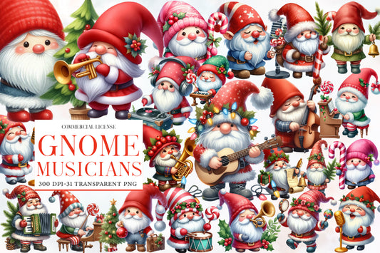 Christmas Gnome Musicians Sublimation PNG Bundle | Watercolor Musical Christmas Gnome Clipart | Holiday Music PNG