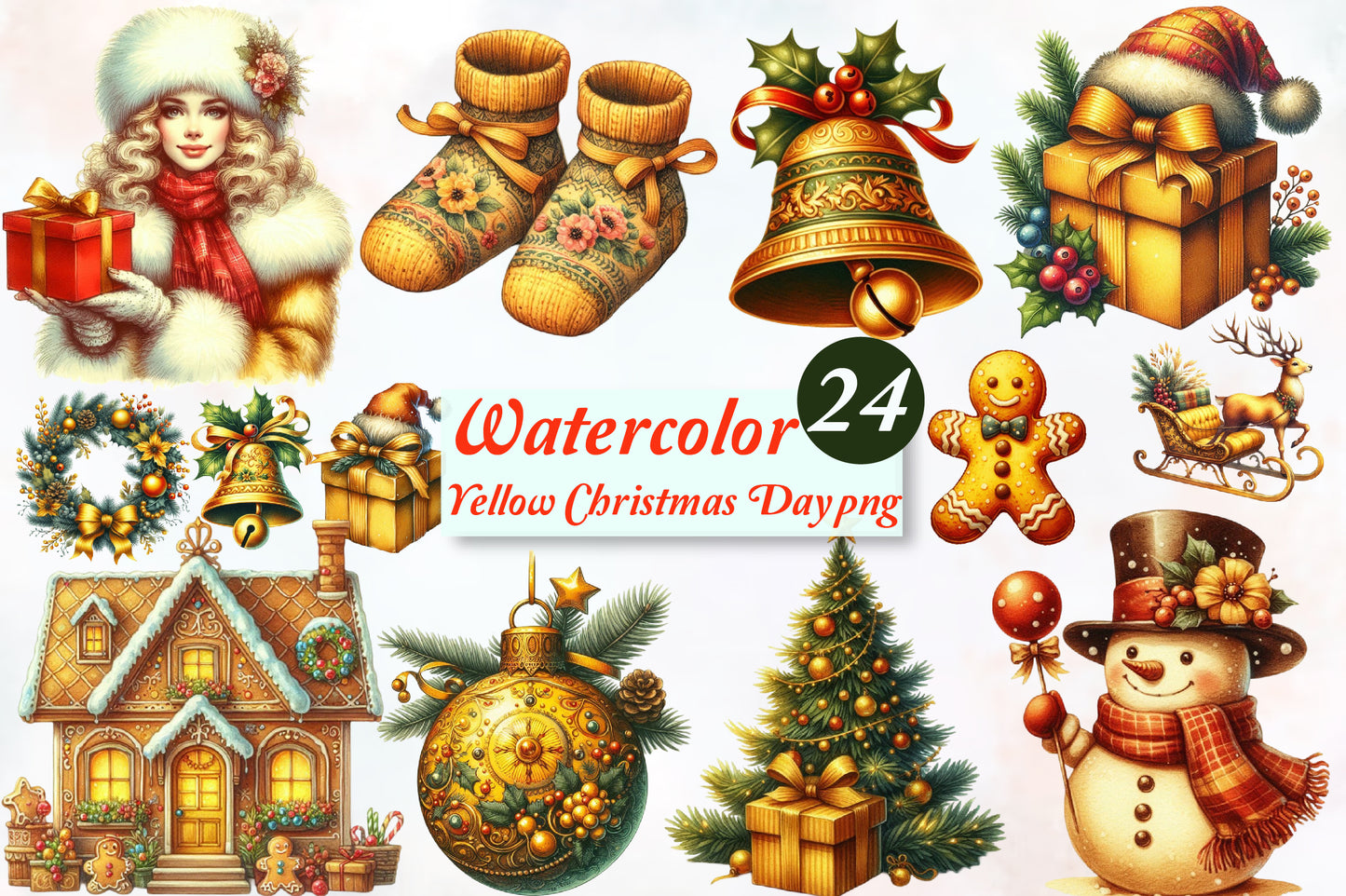 Watercolor Yellow Christmas Day PNG Bundle 24 Festive Holiday Clipart