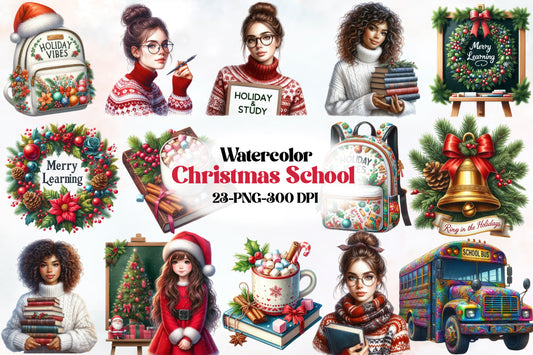 23 Christmas School PNG Bundle, Watercolor Teacher Student Holiday Sublimation