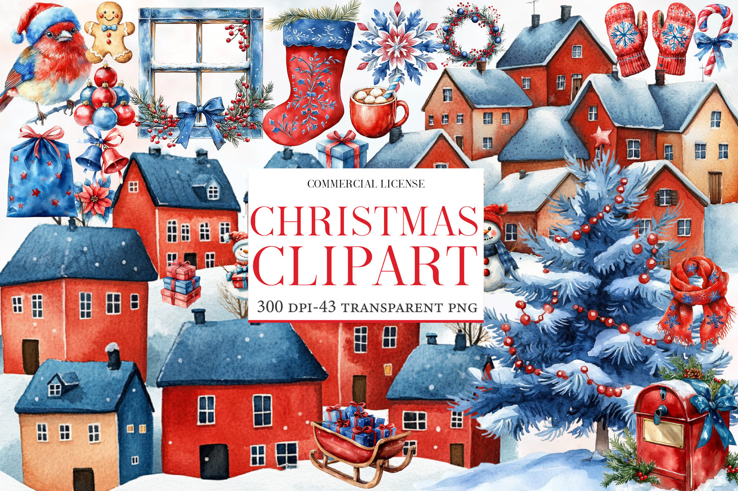 Christmas Village Clipart PNG Bundle | Scandinavian Winter Christmas Watercolor | Holiday Sublimation
