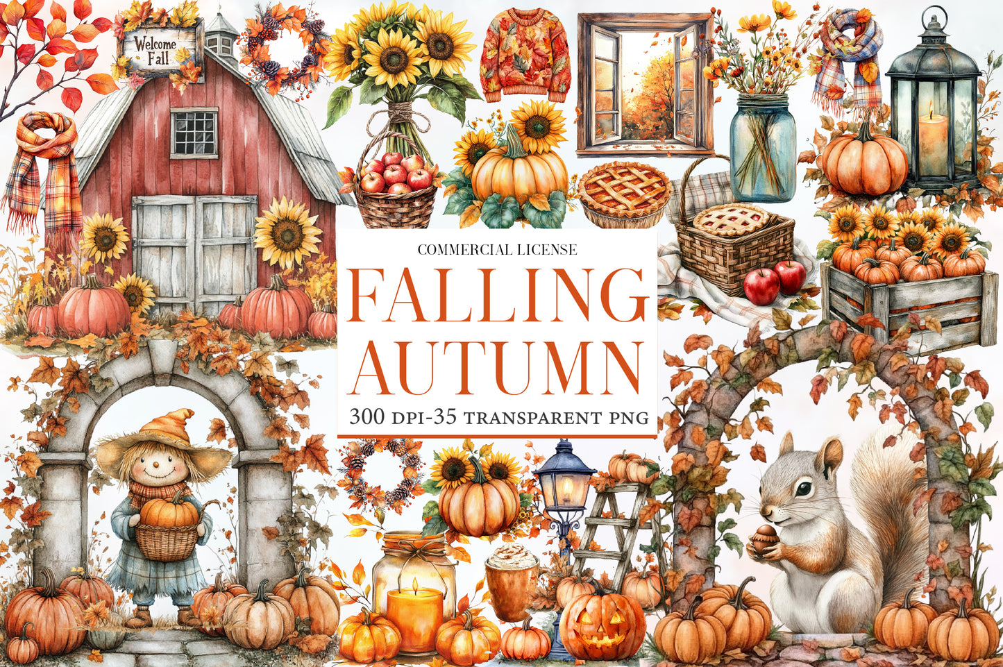 Falling Autumn Clipart PNG Bundle | Fall Pumpkin Clipart, Sunflower PNG,