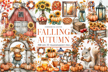 Falling Autumn Clipart PNG Bundle | Fall Pumpkin Clipart, Sunflower PNG,