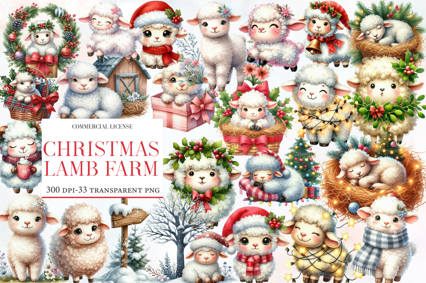 Christmas Lamb Farm Clipart PNG Bundle | Watercolor Cute Christmas Lamb Farm Clipart | Rustic Holiday Farm Sublimation PNG