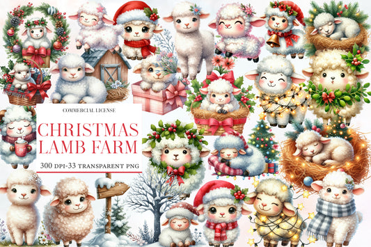 Christmas Lamb Farm Clipart PNG Bundle | Watercolor Cute Christmas Lamb Farm Clipart | Rustic Holiday Farm Sublimation PNG