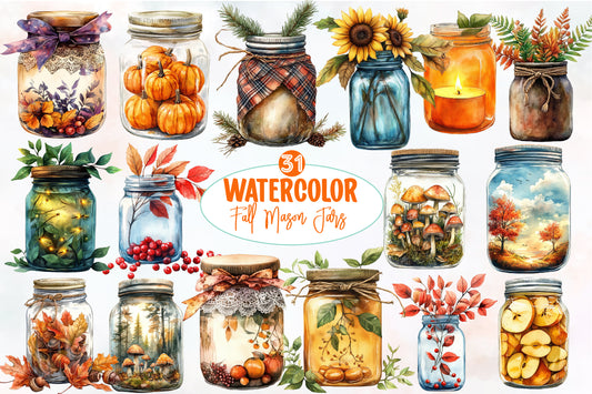 Watercolor Fall Mason Jars Clipart Bundle 31 PNG