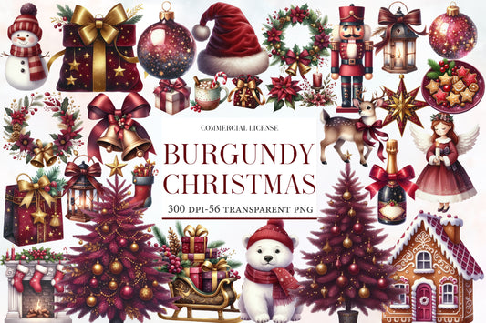 Burgundy Christmas Watercolor Clipart PNG Bundle | Elegant Red Christmas Watercolor Clipart | Burgundy Holiday Sublimation PNG