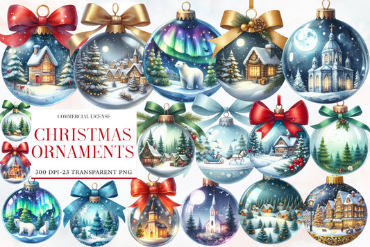 Christmas Ornaments Clipart PNG Bundle | Watercolor Christmas Ornament Clipart | Festive Holiday Decoration Sublimation PNG