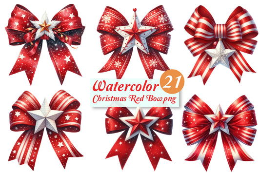 Christmas Red Bows PNG Bundle | Watercolor Christmas Red Bow, Festive Ribbon Bow & Holiday Bow Clipart