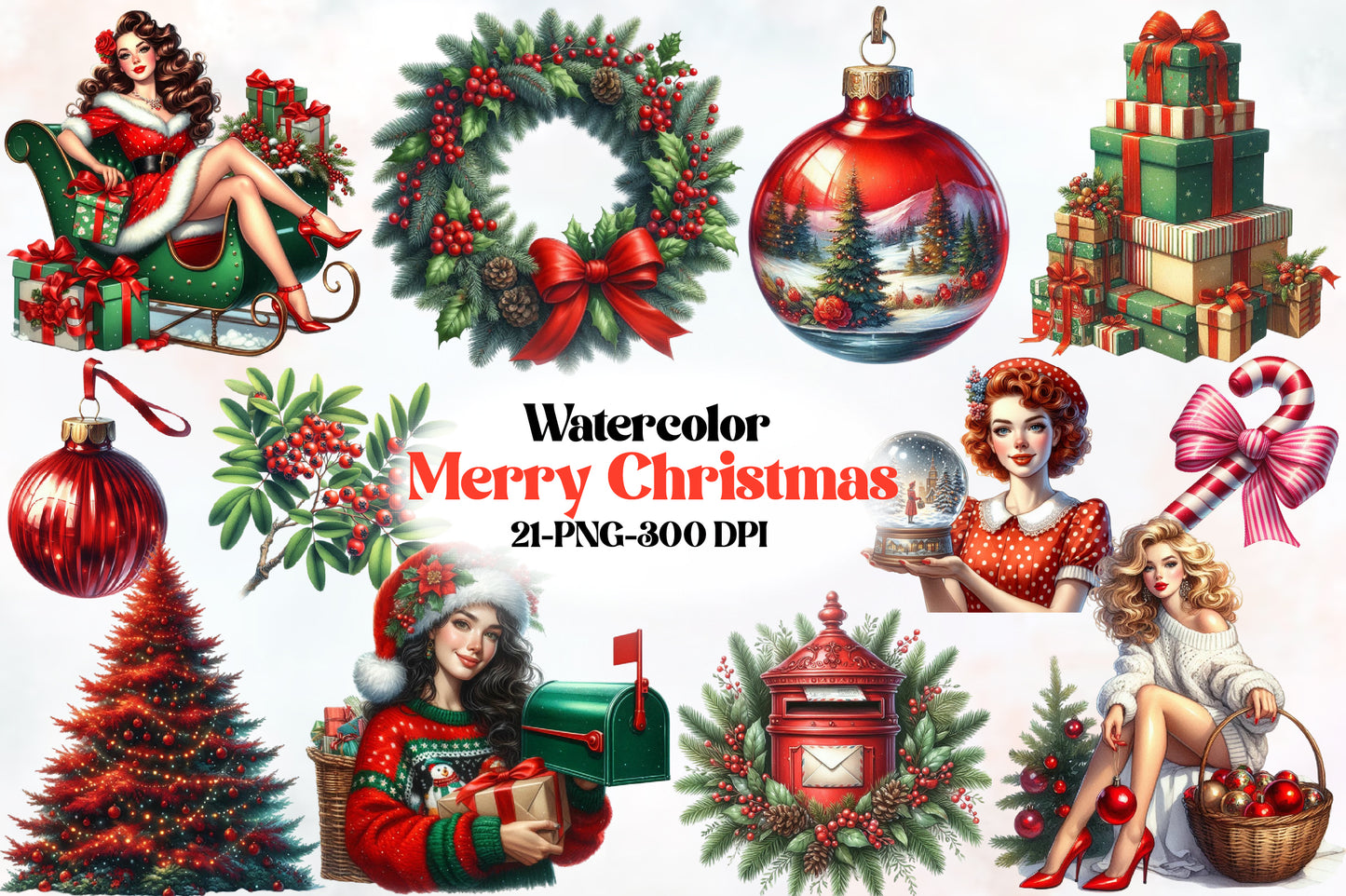 Merry Christmas Clipart PNG Bundle | Cute Festive Holiday Christmas Graphics | Watercolor Christmas Clipart