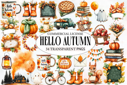 Hello Autumn Clipart PNG Bundle | Fall Watercolor Clipart, Autumn Leaves & Pumpkin PNG