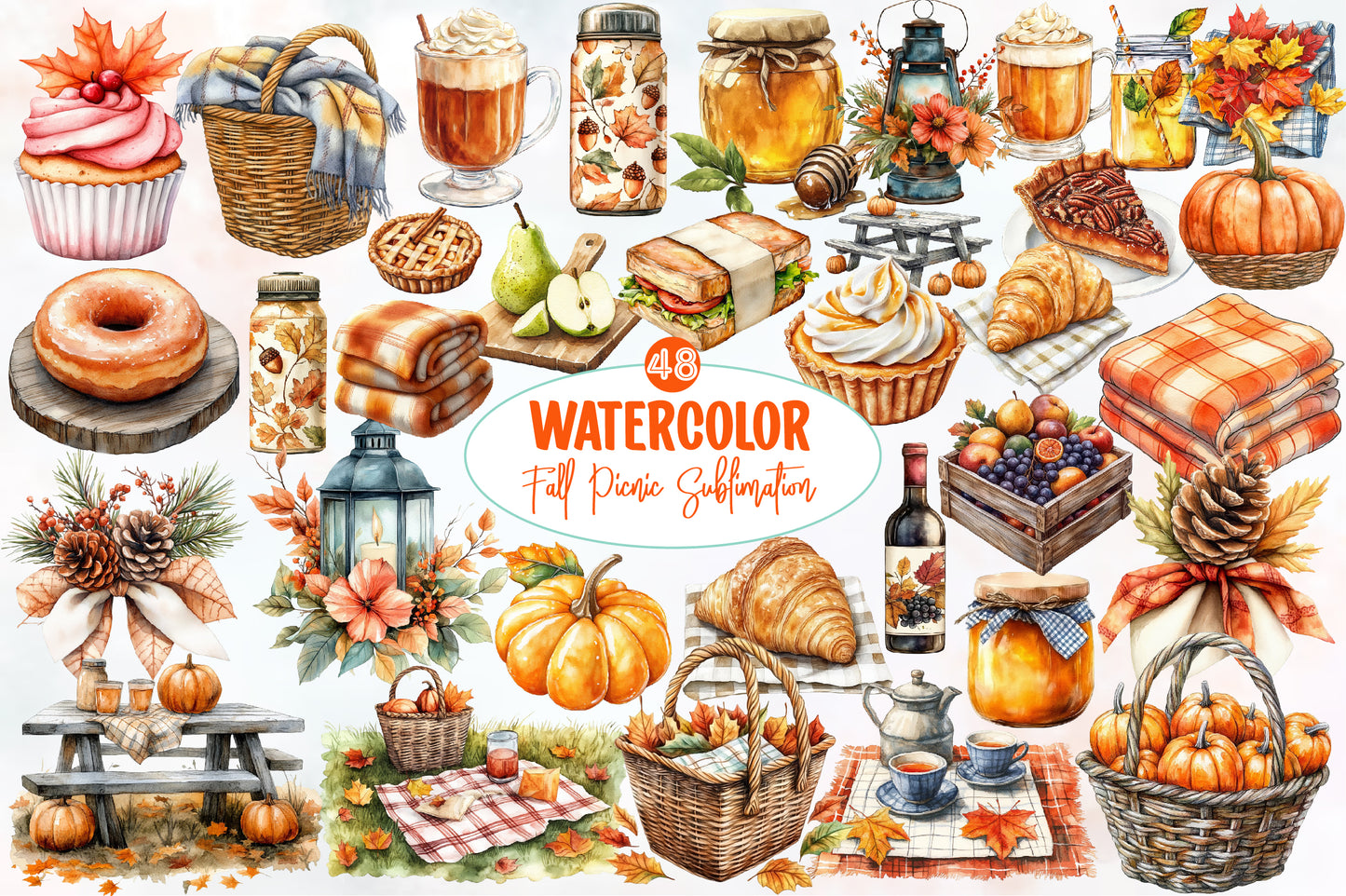 Watercolor Fall Picnic Sublimation Clipart Bundle 48 PNG