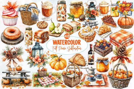 Watercolor Fall Picnic Sublimation Clipart Bundle 48 PNG