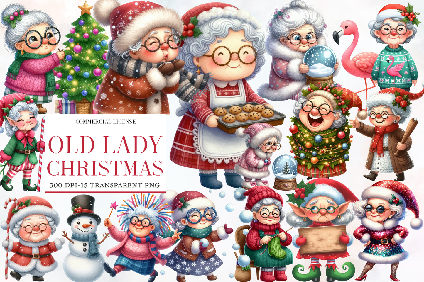 Old Lady Christmas Watercolor Clipart PNG Bundle | Cute Grandma Christmas Clipart | Christmas Winter Sublimation PNG
