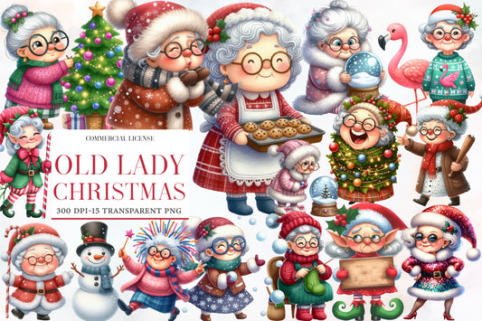Old Lady Christmas Watercolor Clipart PNG Bundle | Cute Grandma Christmas Clipart | Christmas Winter Sublimation PNG