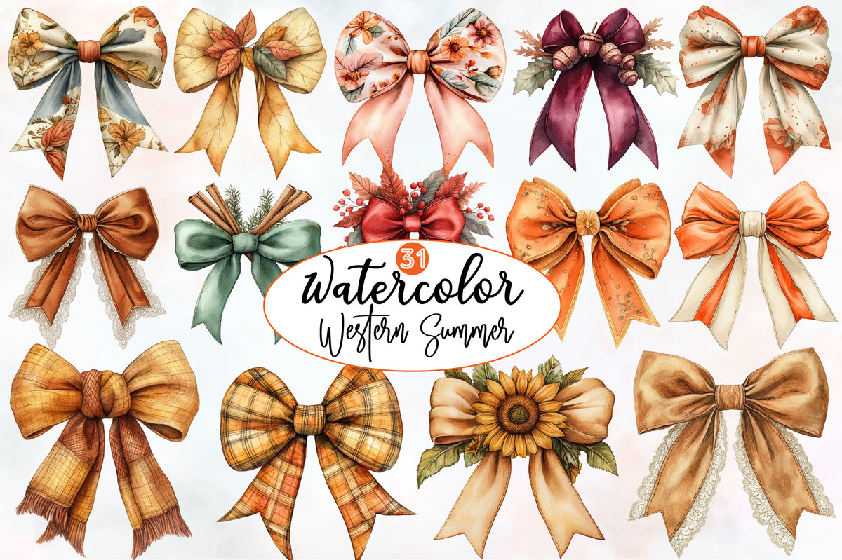 Watercolor Western Summer Bow Clipart Bundle Rustic Bow PNG