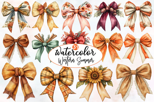 Watercolor Western Summer Bow Clipart Bundle Rustic Bow PNG