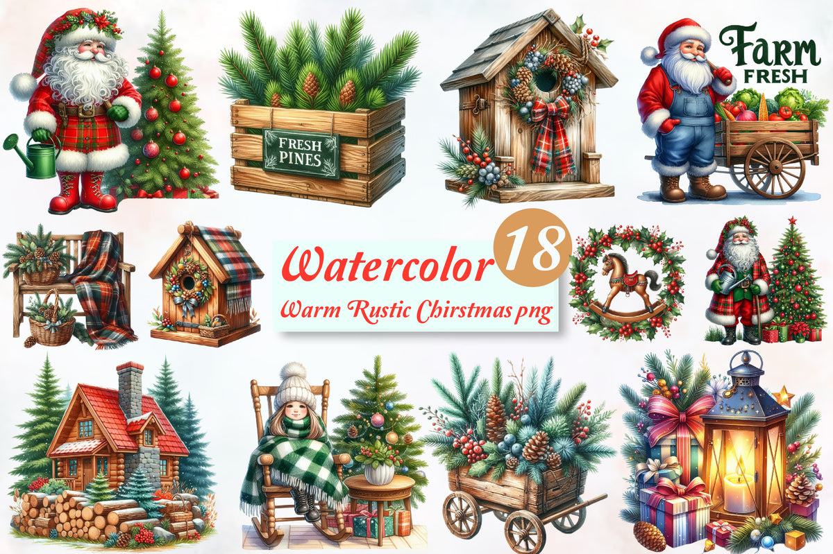 Watercolor Warm Rustic Christmas PNG Bundle 18 Holiday Clipart