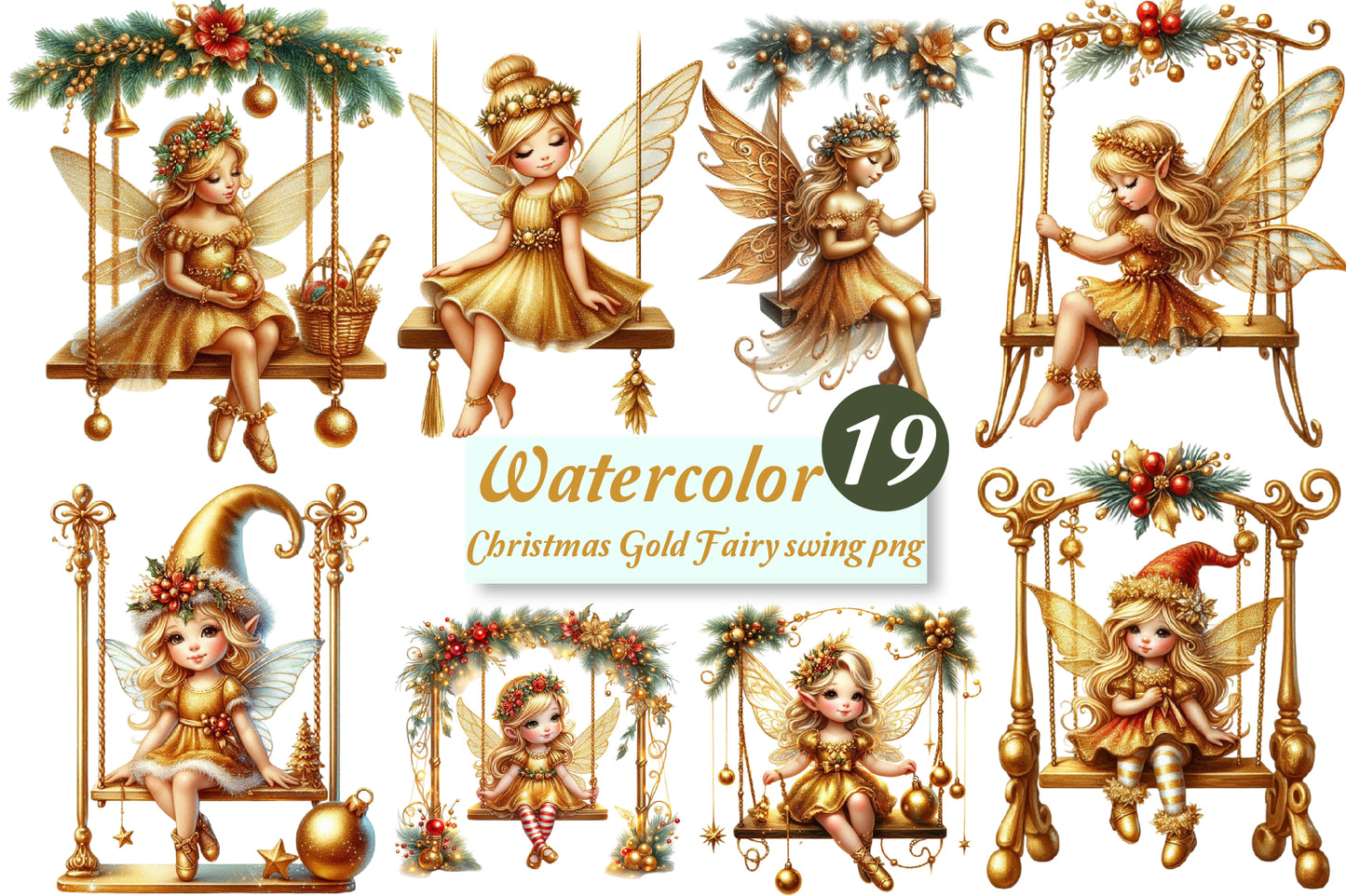 Christmas Gold Fairy Swing PNG Bundle | Watercolor Golden Fairy Swing, Christmas Fairy Girl & Magical Holiday Clipart