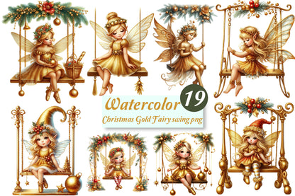 Christmas Gold Fairy Swing PNG Bundle | Watercolor Golden Fairy Swing, Christmas Fairy Girl & Magical Holiday Clipart