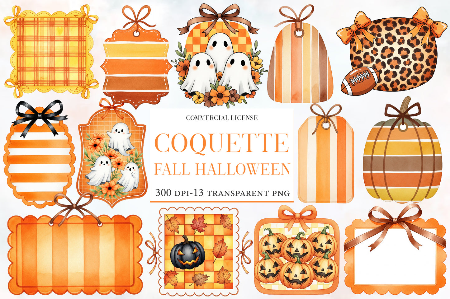 Coquette Fall Halloween PNG Bundle | Orange Plaid, Bows, Ghosts, Pumpkins & Leopard Clipart,