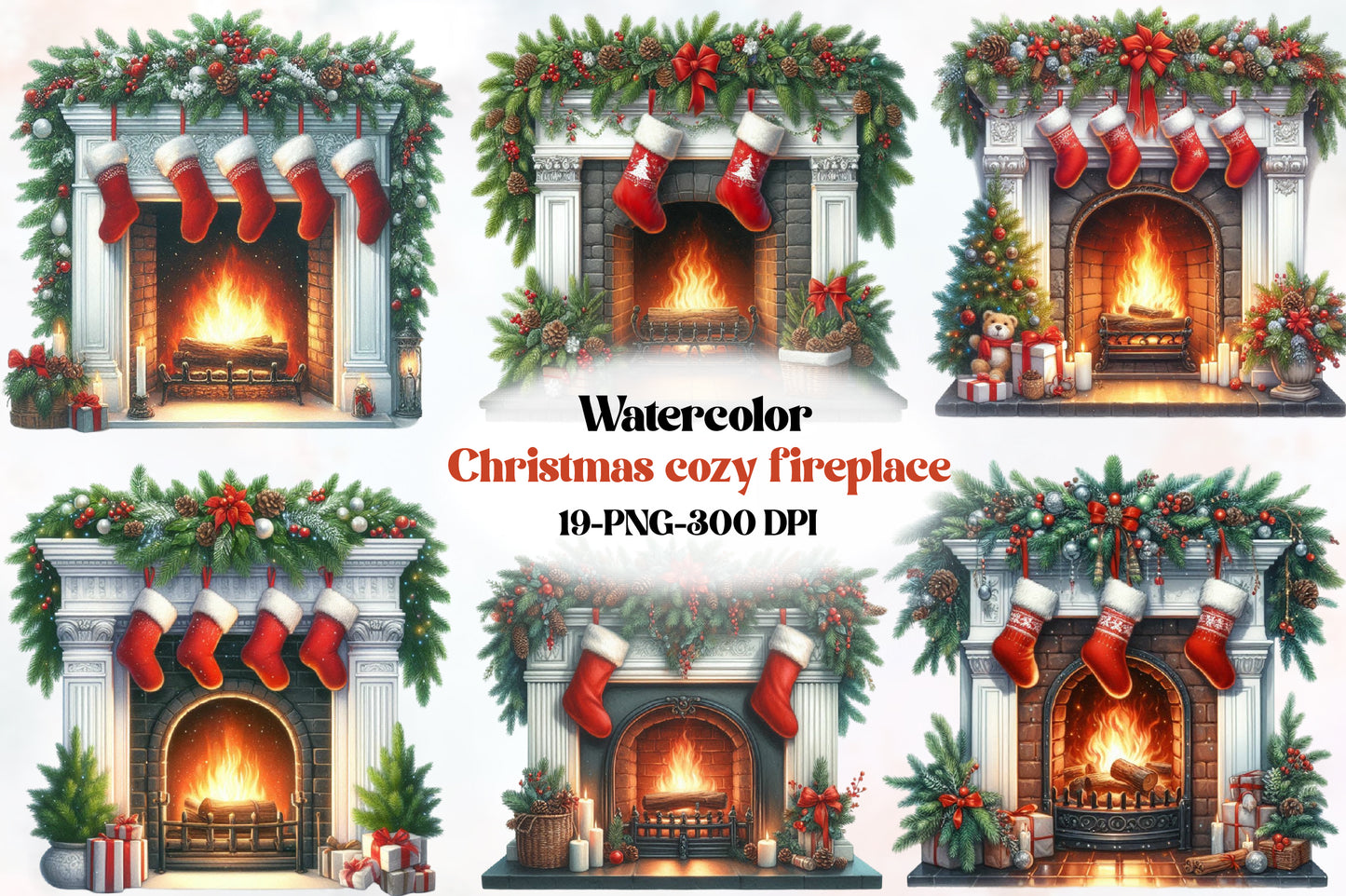Watercolor Christmas Cozy Fireplace Clipart PNG Bundle | Festive Fireplace Mantel & Christmas Stockings | Holiday Sublimation