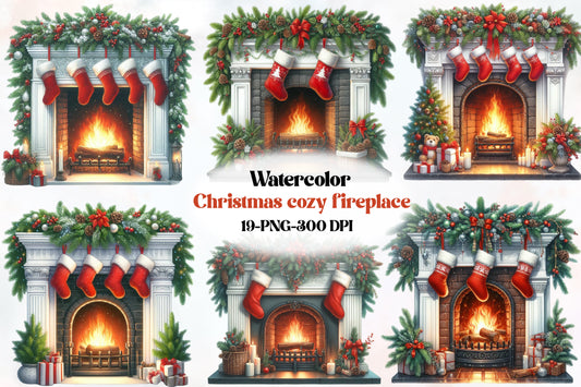 Watercolor Christmas Cozy Fireplace Clipart PNG Bundle | Festive Fireplace Mantel & Christmas Stockings | Holiday Sublimation