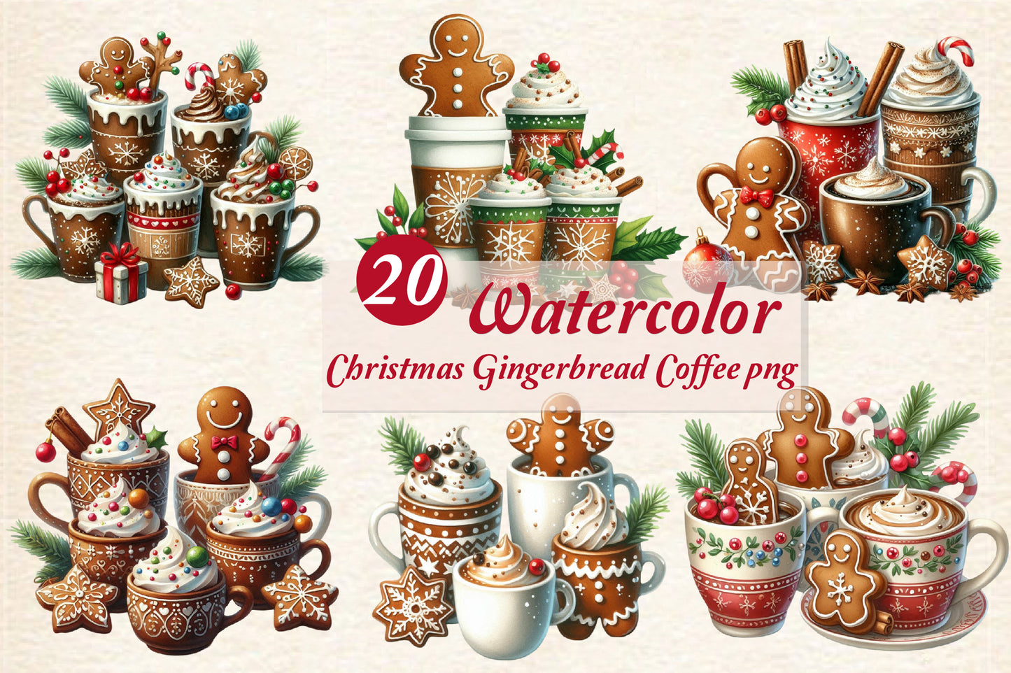 Christmas Gingerbread Coffee PNG Clipart Bundle | Watercolor Gingerbread Man Coffee Mugs, Cocoa & Holiday Treats