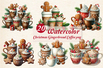 Christmas Gingerbread Coffee PNG Clipart Bundle | Watercolor Gingerbread Man Coffee Mugs, Cocoa & Holiday Treats