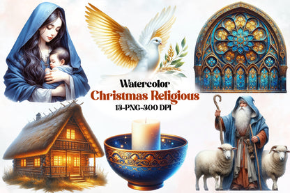 Watercolor Christmas Religious Clipart PNG Bundle | Christian Nativity & Biblical Christmas Designs