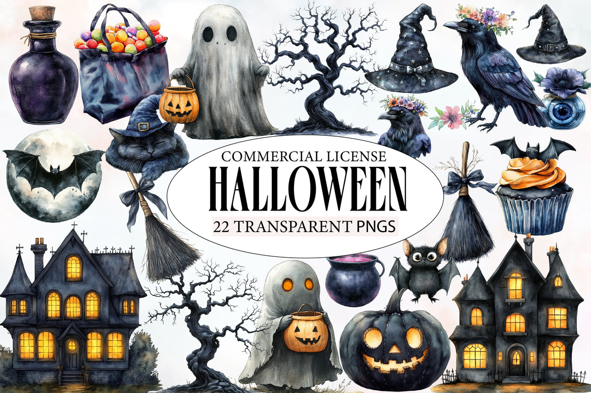 Halloween Clipart PNG Bundle | Witch Cat, Raven, Ghost, Bat, Haunted House & Pumpkin PNG