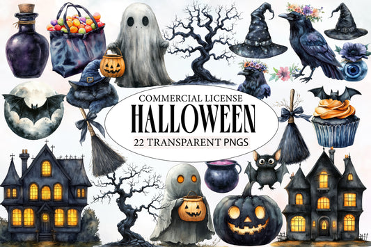 Halloween Clipart PNG Bundle | Witch Cat, Raven, Ghost, Bat, Haunted House & Pumpkin PNG
