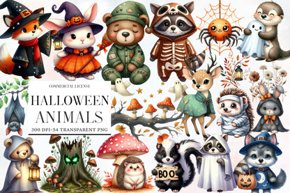 Halloween Animals Clipart PNG Bundle | Cute Spooky Animals PNG, Halloween Woodland Animal Clipart,