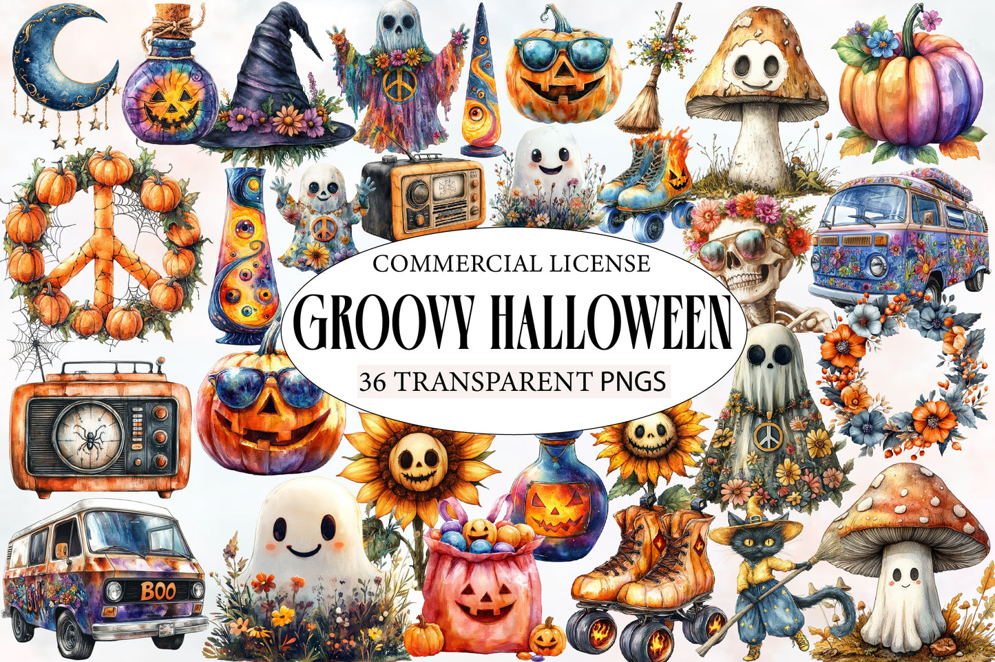 Groovy Halloween Clipart PNG Bundle | Retro Halloween Clipart, Vintage Halloween PNG
