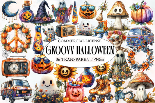 Groovy Halloween Clipart PNG Bundle | Retro Halloween Clipart, Vintage Halloween PNG